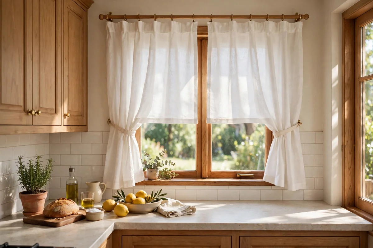 Sunny kitchen with crisp cotton curtains ending just above the windowsill