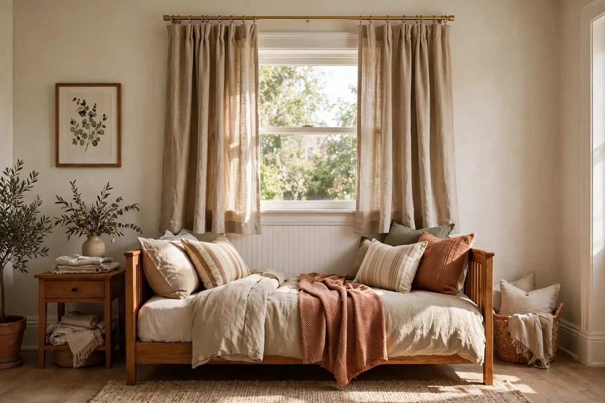 Guest room with linen curtains finishing just below the window apron above a daybed