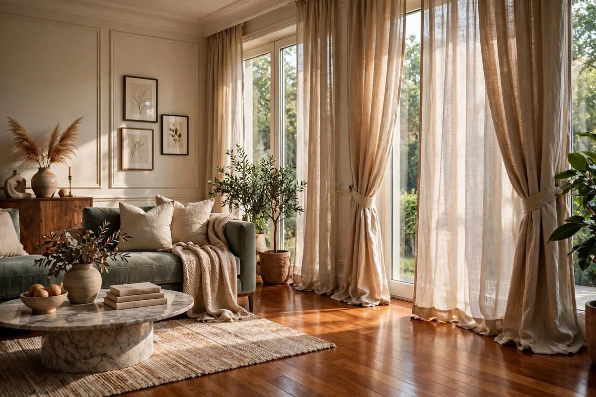 Elegant living room where curtain hems just graze a polished wooden floor