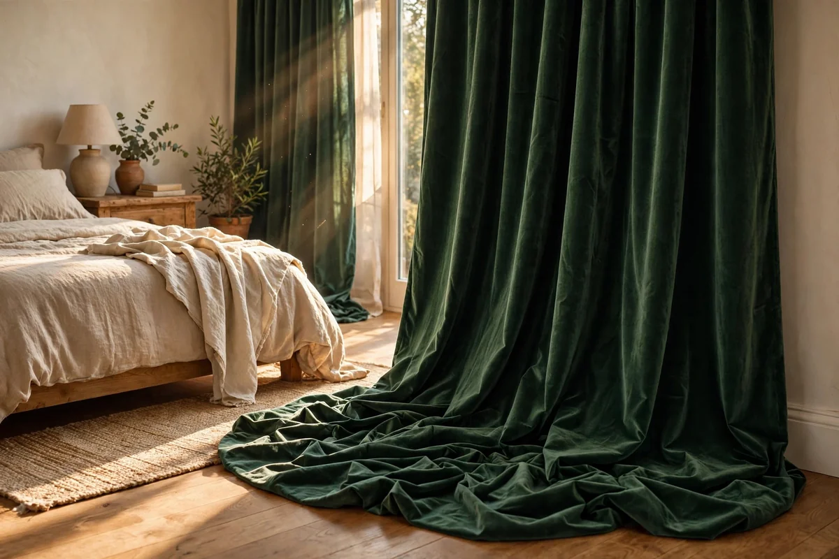 Bedroom with velvet curtains showing a gentle break folding softly onto the floor