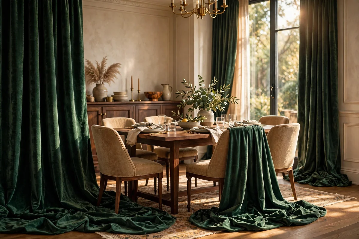 Dining room with luxurious velvet curtains puddling softly on the floor
