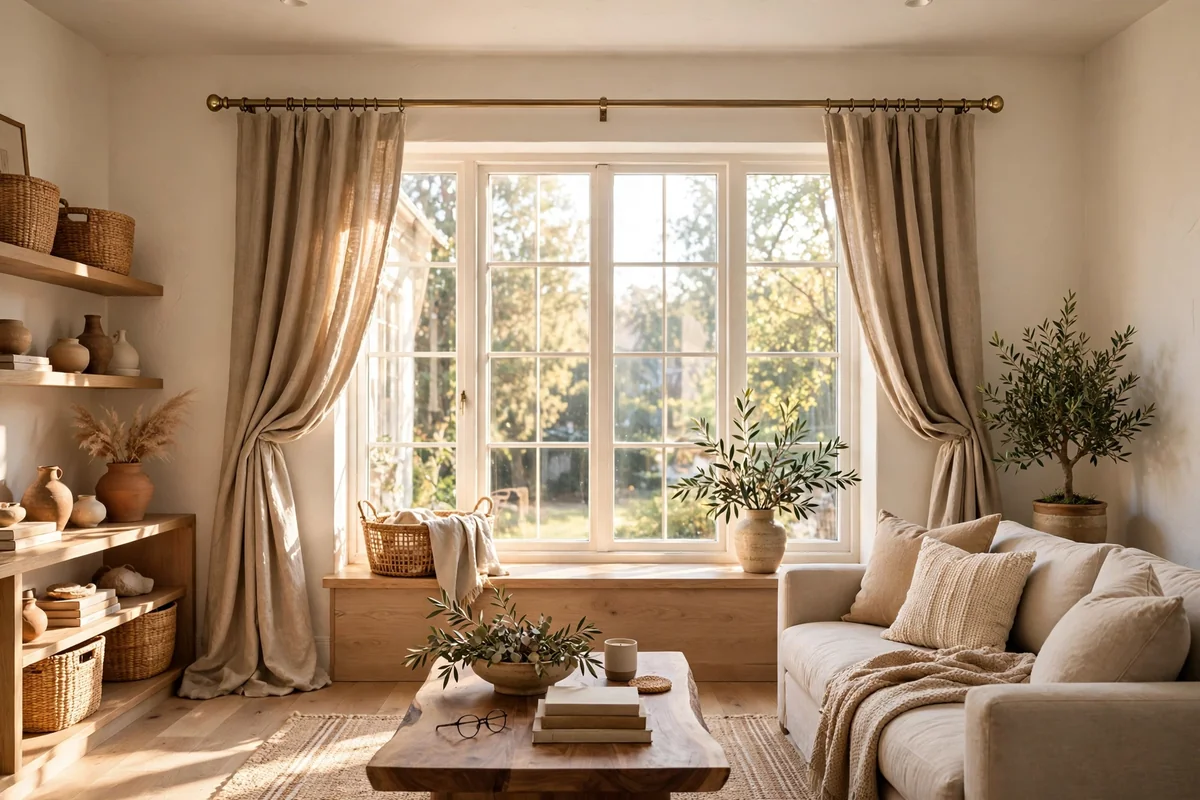 Bright living room with a wide curtain rod extending well past the window frame on both sides