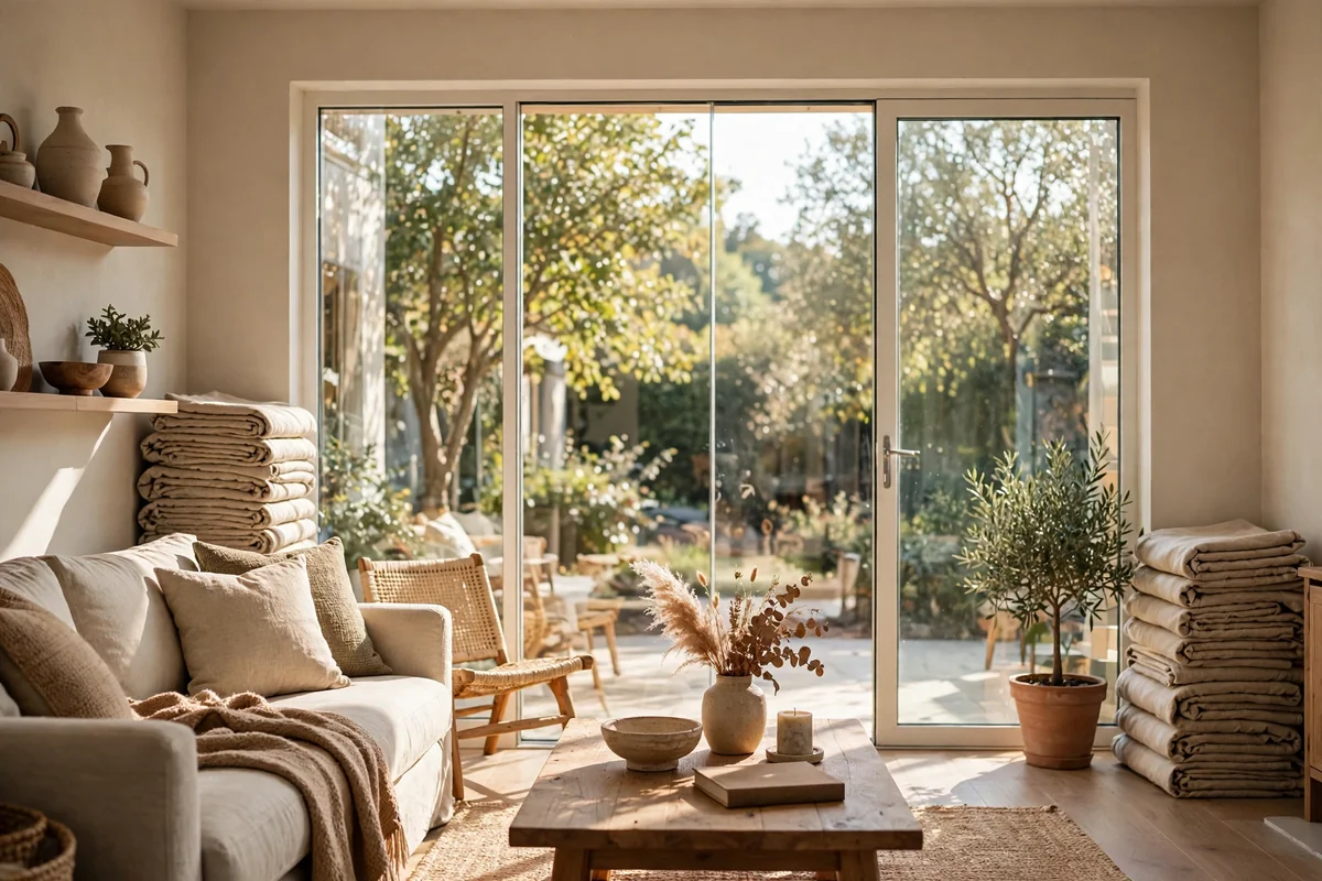 Living room with open curtains stacked neatly on the wall, glass fully clear