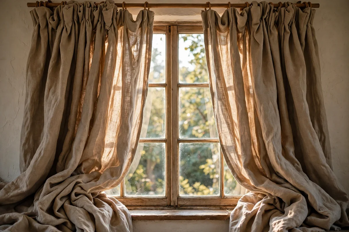 Window with full gathered linen curtains showing rich deep folds