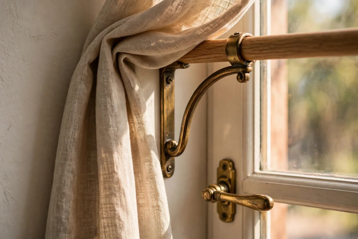 Close view of a curtain bracket with fabric standing clear of a window handle
