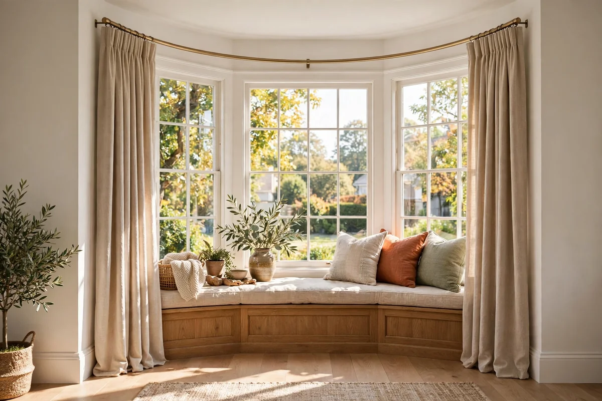 Bright bay window with a curved curtain track following its angled shape