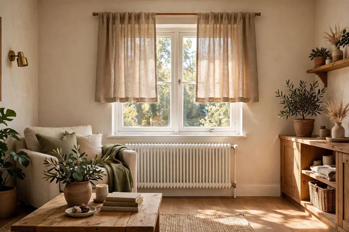 Living room with short curtains ending well above a white radiator under the window