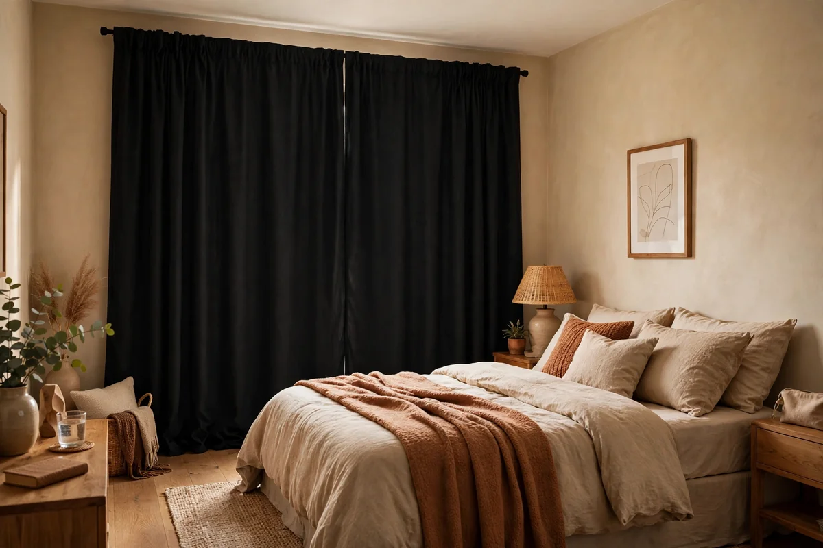Bedroom with blackout curtains fully sealing the window edges against daylight