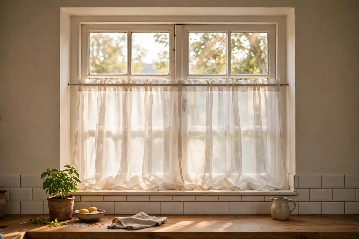 Kitchen window with a sheer cafe curtain on a slim tension rod inside the recess