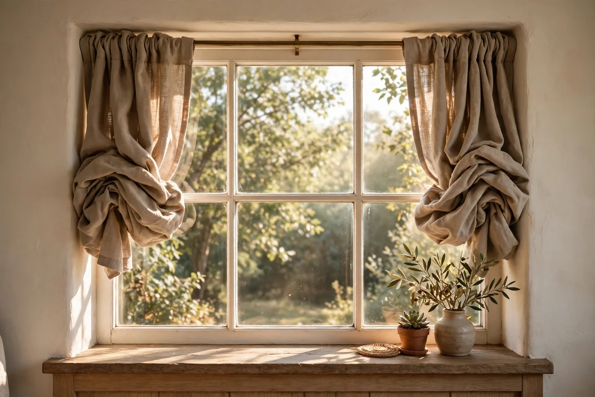 Window with a too-narrow rod and curtains bunching over the glass edges