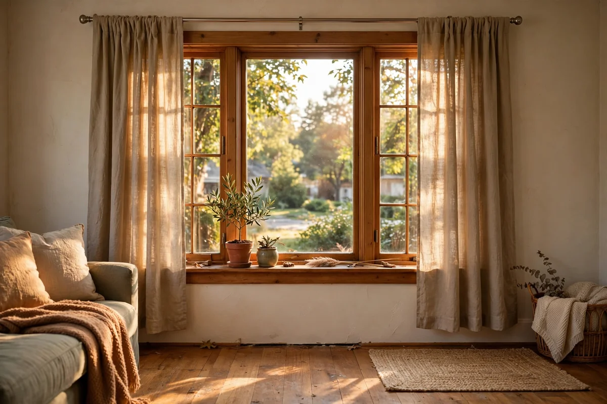 Living room window with curtains ending in an awkward gap above the floor
