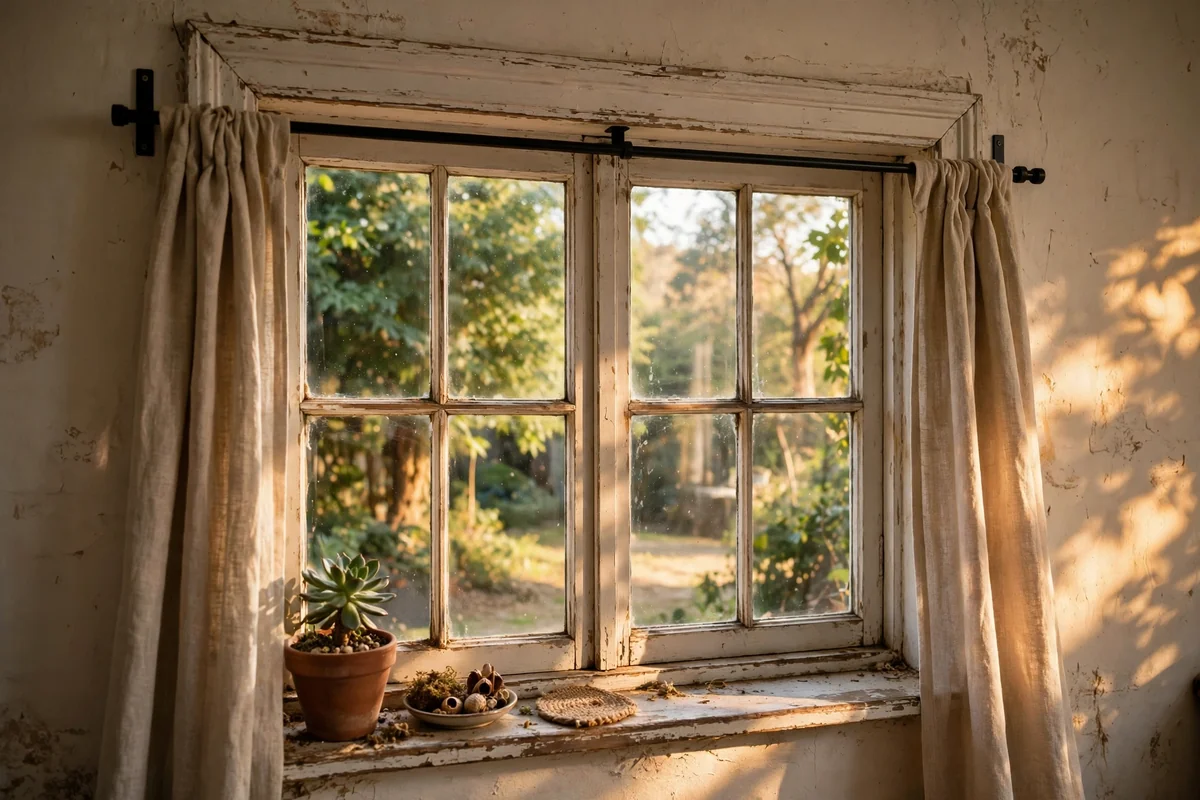 Window with a rod mounted too low, almost level with the frame top
