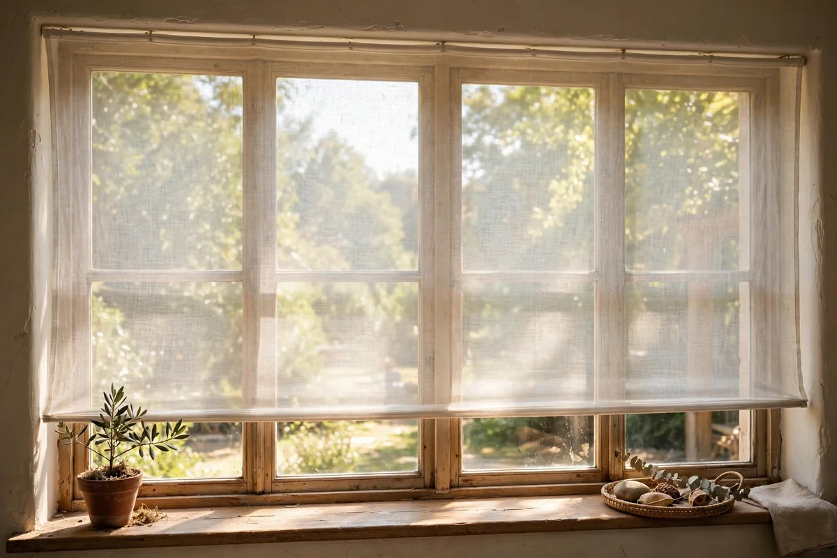 Wide window with flat skimpy curtains stretched thin across it