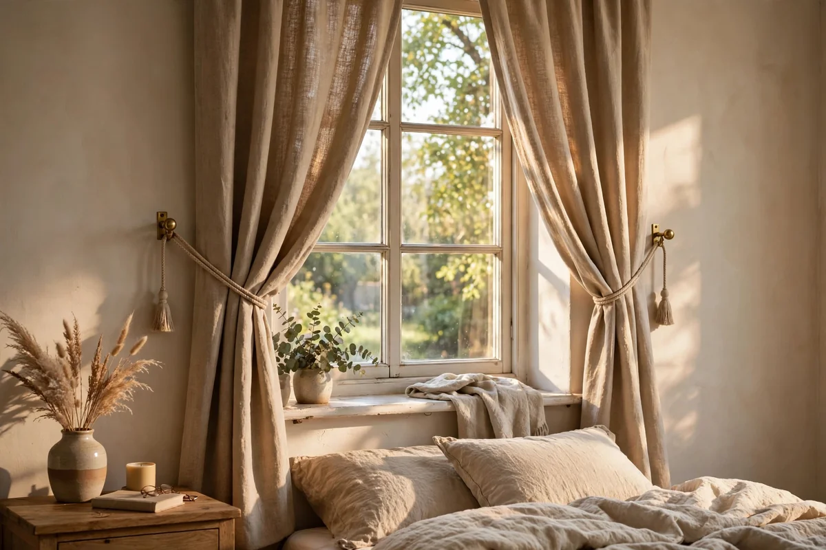Bedroom window with curtains held by matching tiebacks on the wall