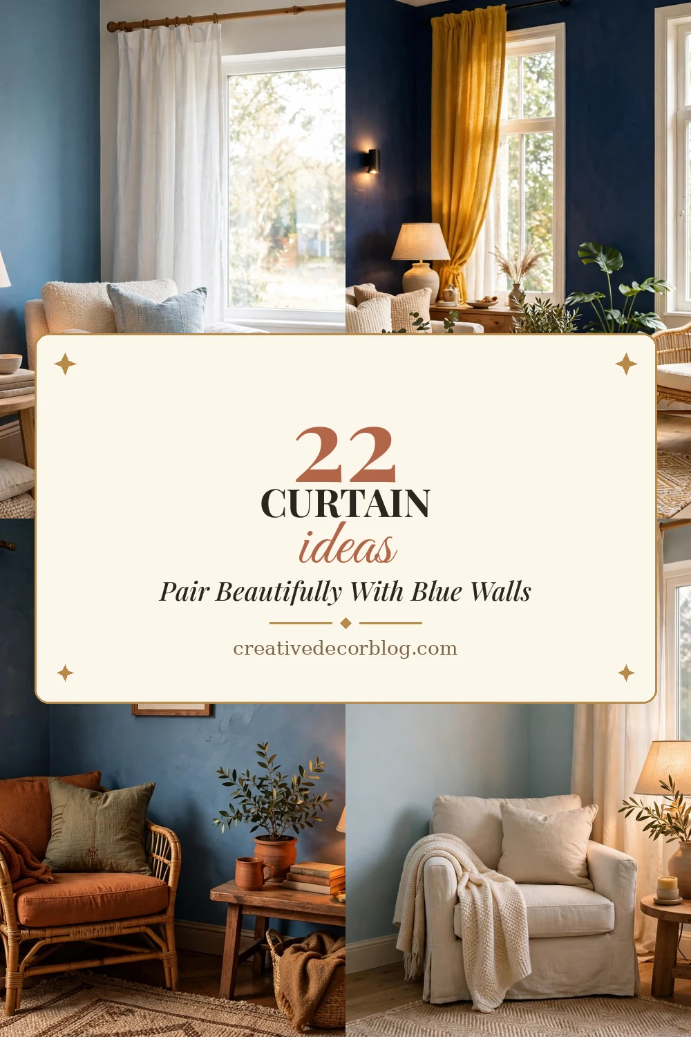22 curtain colors for blue walls Pinterest pin collage