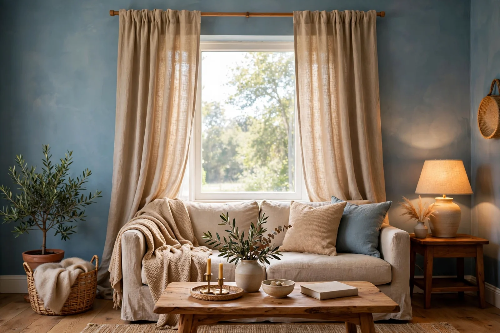 Living room with blue walls and warm beige linen curtains framing a bright window