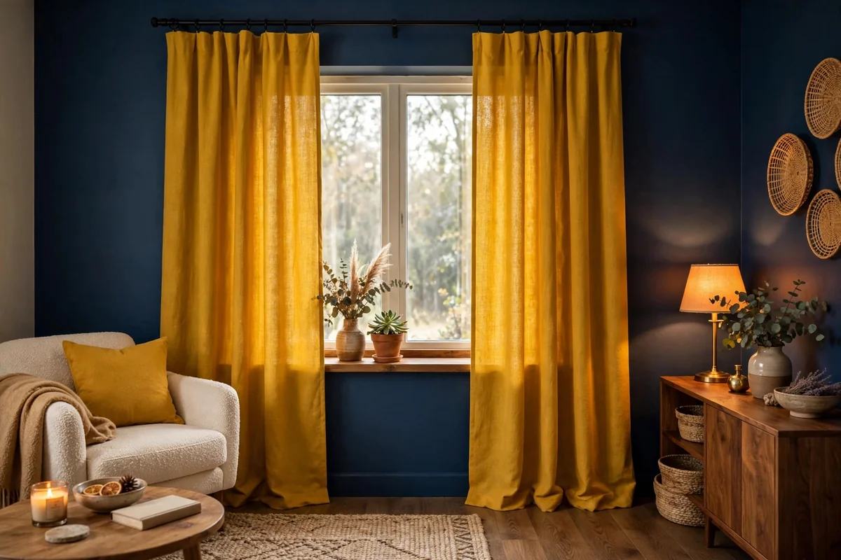 Mustard yellow curtains with blue walls