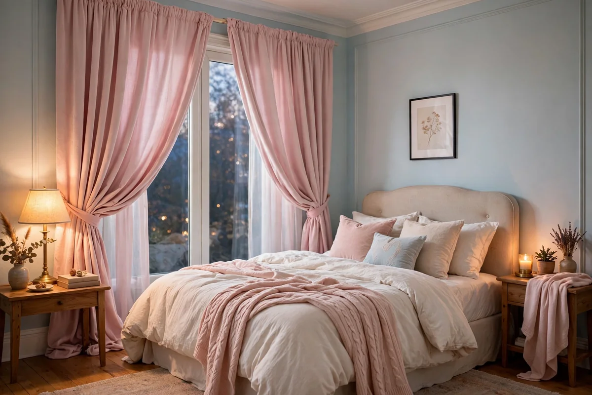 Powder pink curtains with blue walls
