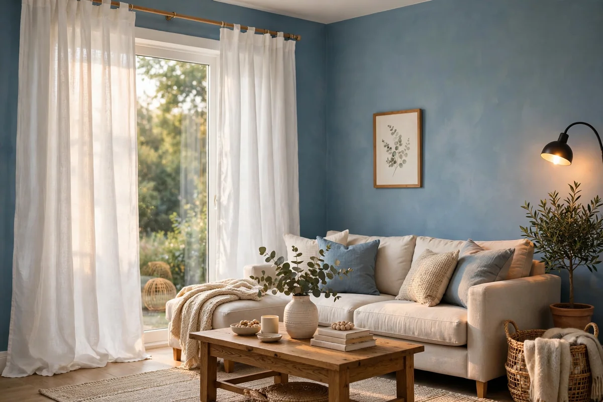 White linen curtains with blue walls