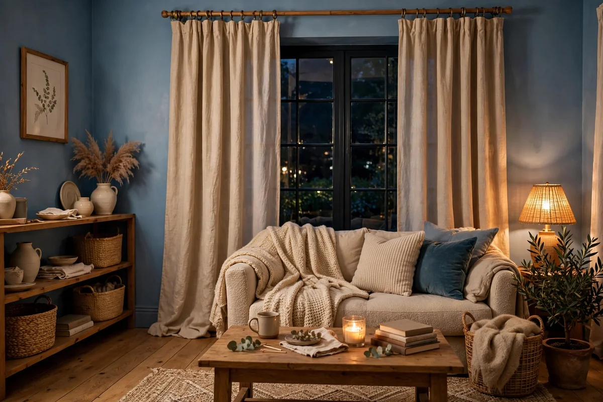 Beige curtains with blue walls