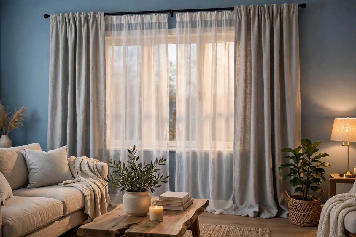Light gray curtains with blue walls