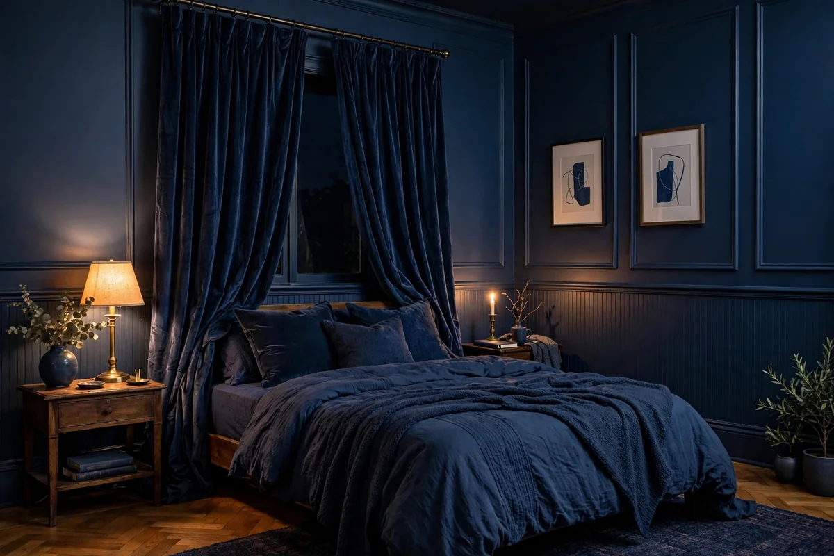 Navy curtains on navy blue walls