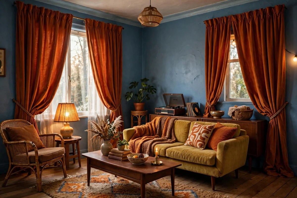 Burnt orange curtains with blue walls