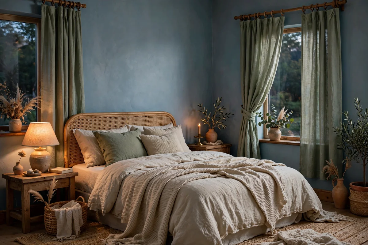 Sage green curtains with blue walls