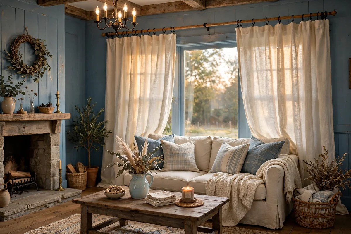 Cream linen curtains with blue walls