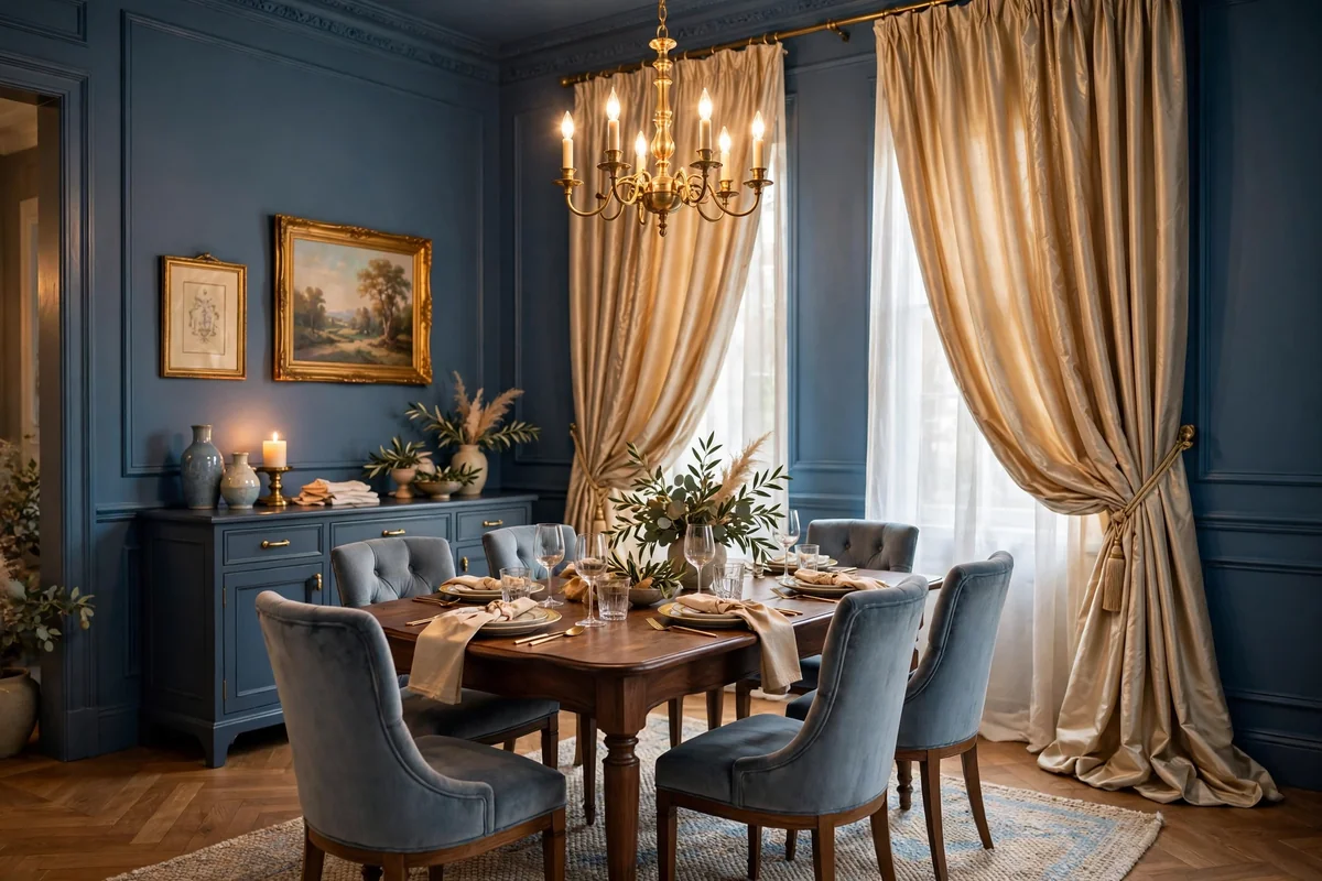 Soft gold curtains with blue walls