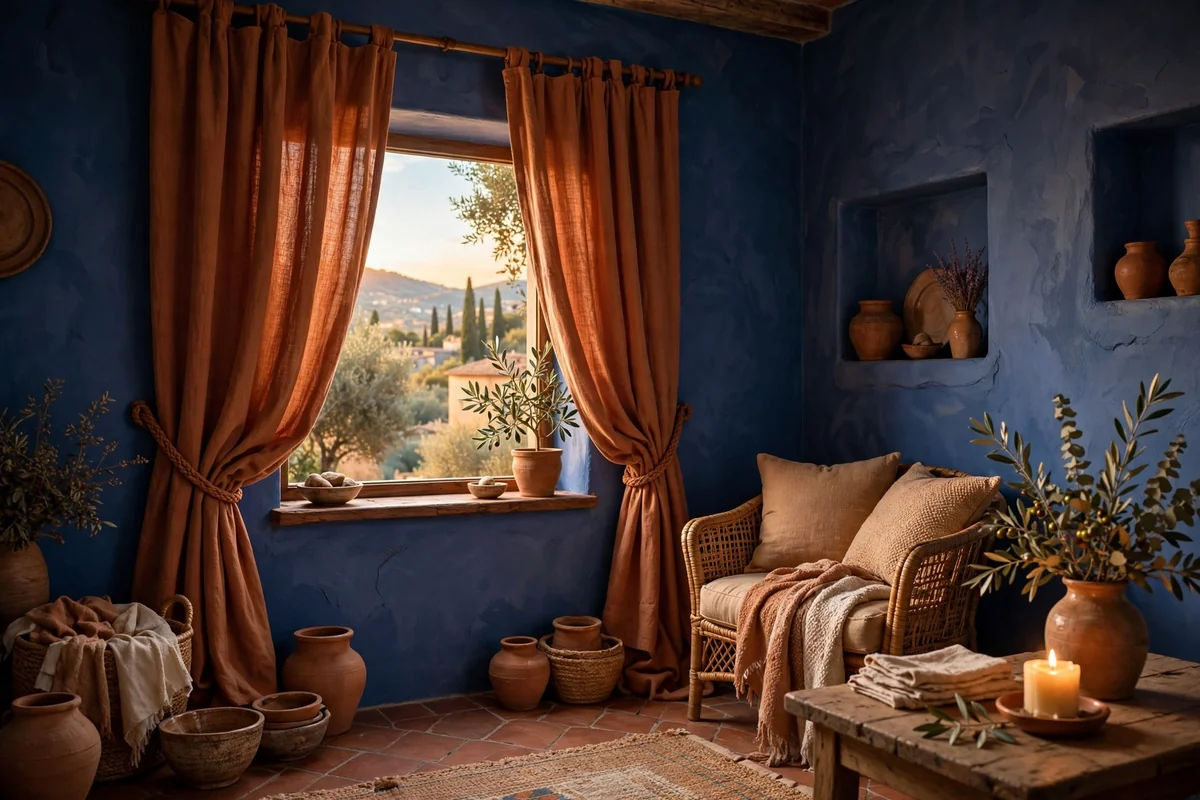 Terracotta curtains with blue walls