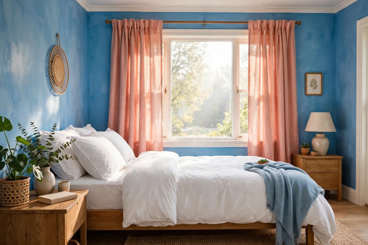 Blush coral curtains with blue walls