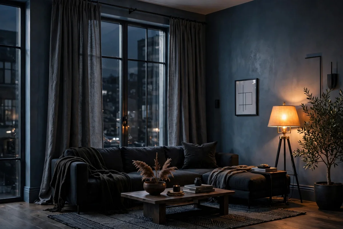 Charcoal gray curtains with blue walls