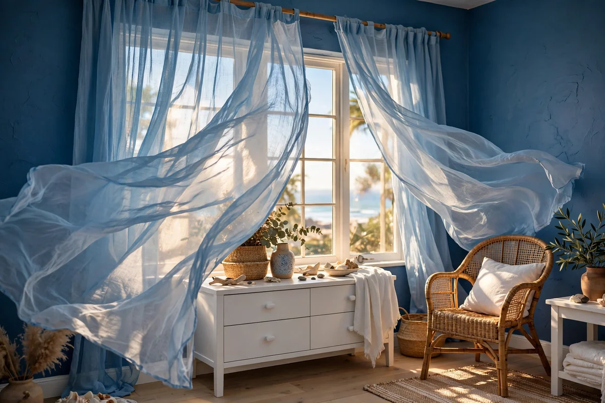 Sky blue curtains with blue walls