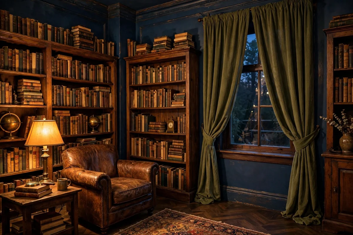 Olive green curtains with blue walls