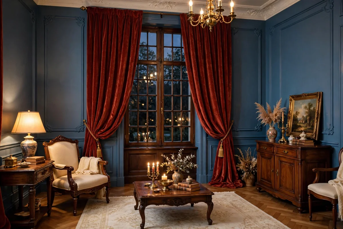 Rust red curtains with blue walls