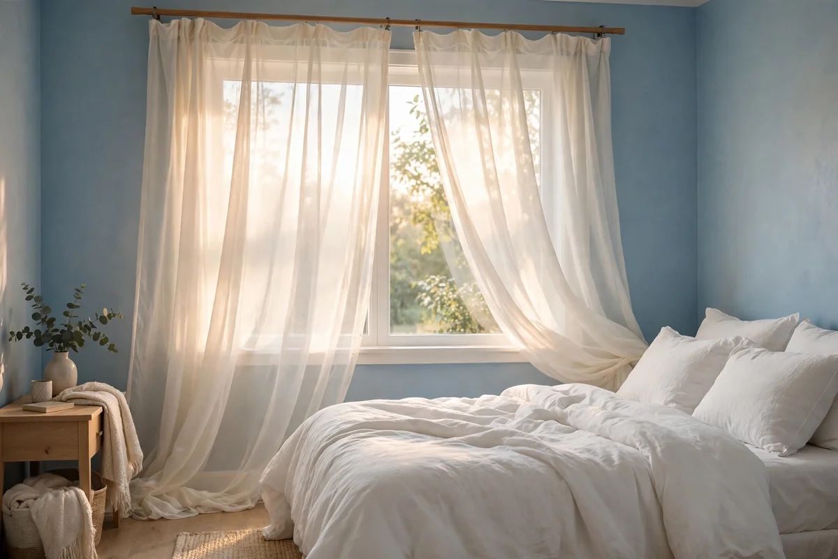Ivory sheer curtains with blue walls