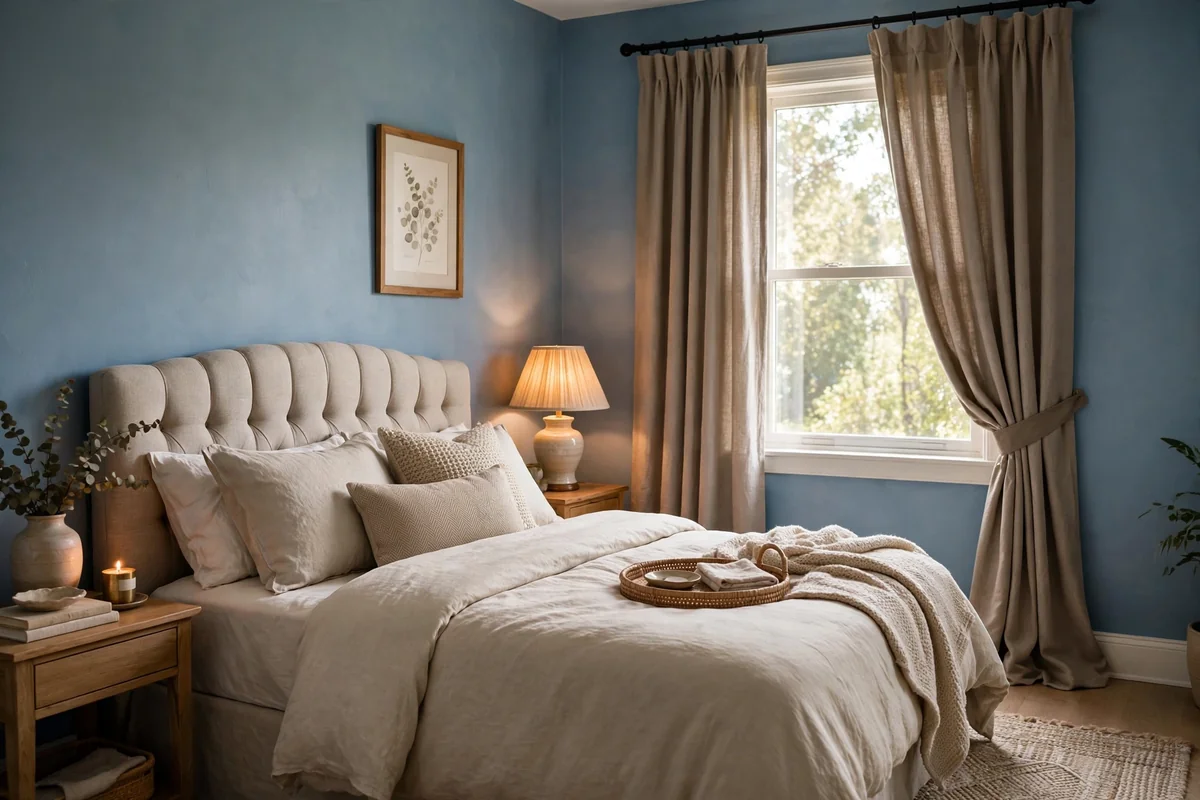 Taupe curtains with blue walls