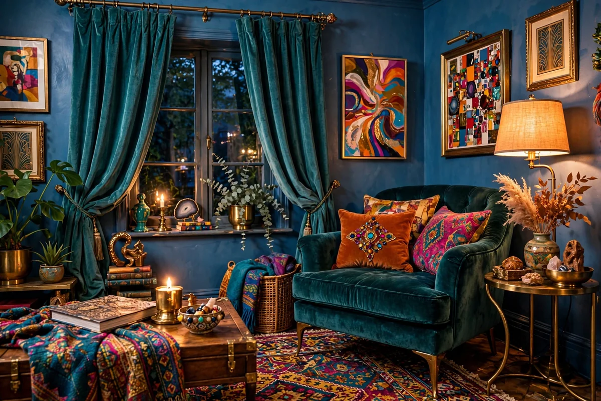 Teal curtains with blue walls