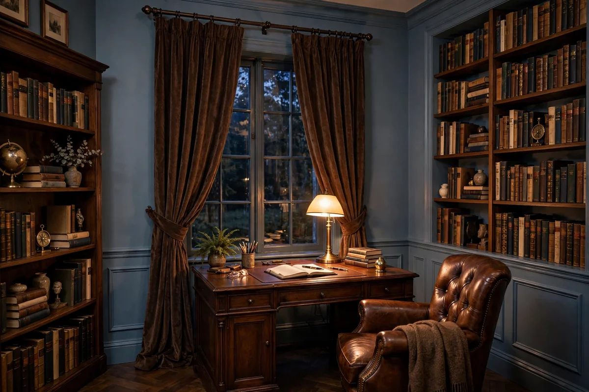 Chocolate brown curtains with blue walls