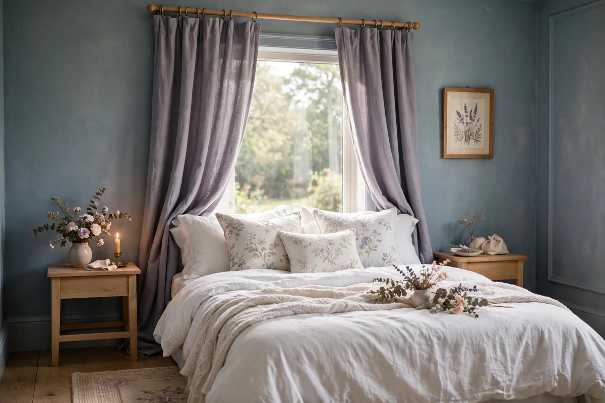 Lavender gray curtains with blue walls