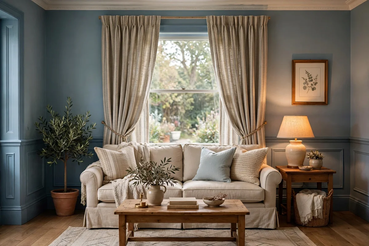 Patterned neutral curtains with blue walls