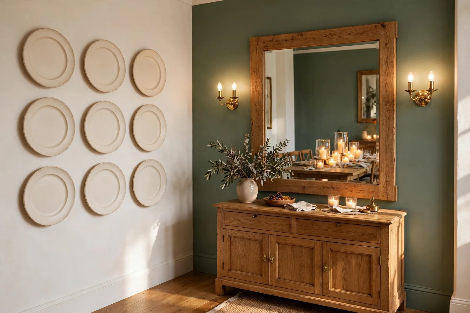 Dining room with plate wall grid, large mirror, sconces and green accent wall