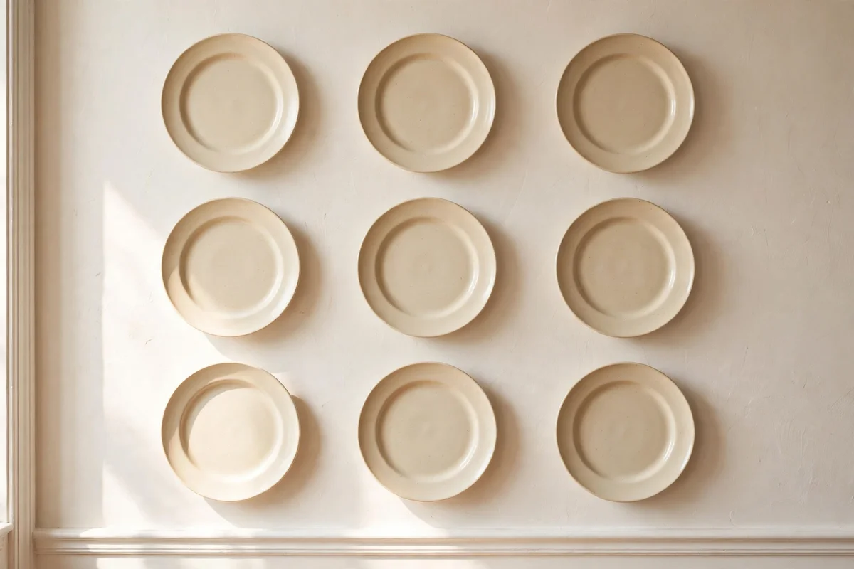 Nine plain ceramic plates in a symmetrical three by three grid on a dining room wall