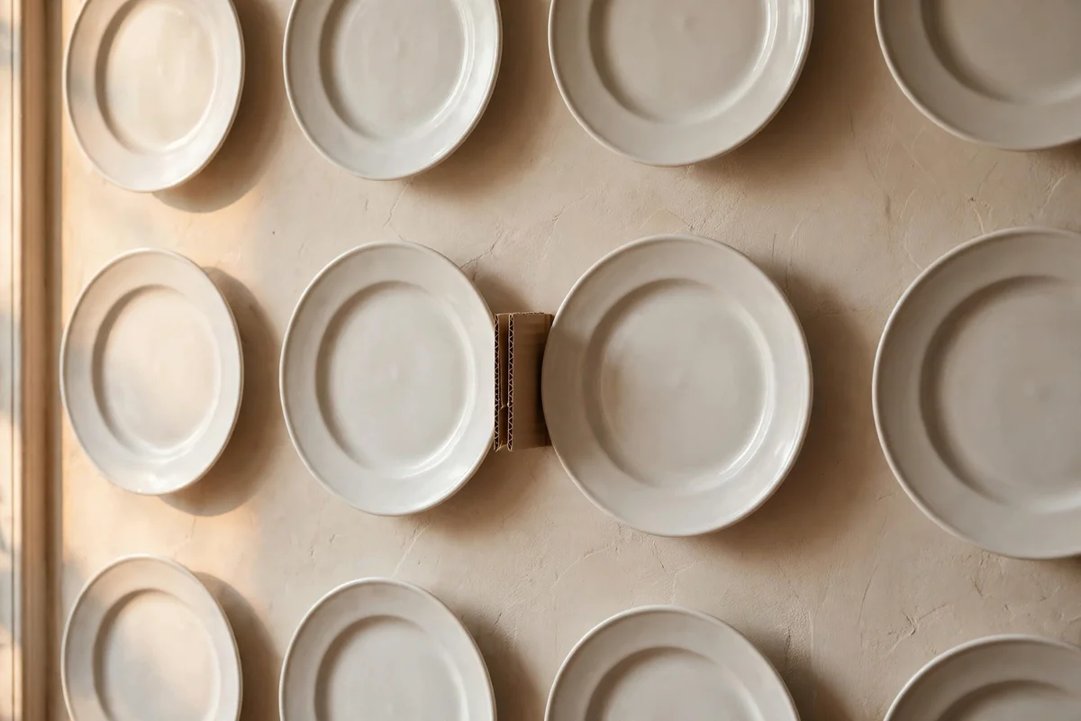Hands-free close view of evenly spaced plates with a cardboard spacing guide