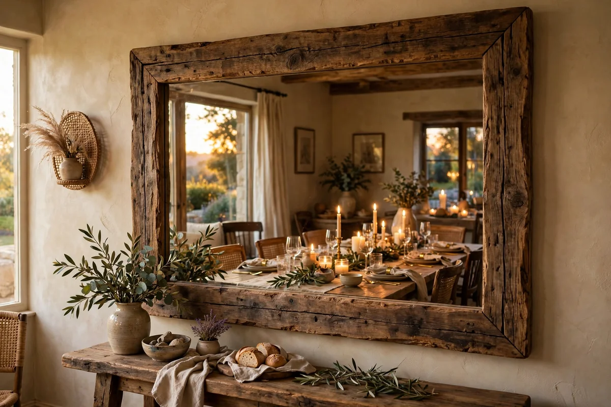 Large framed mirror on a dining room wall reflecting a candlelit table