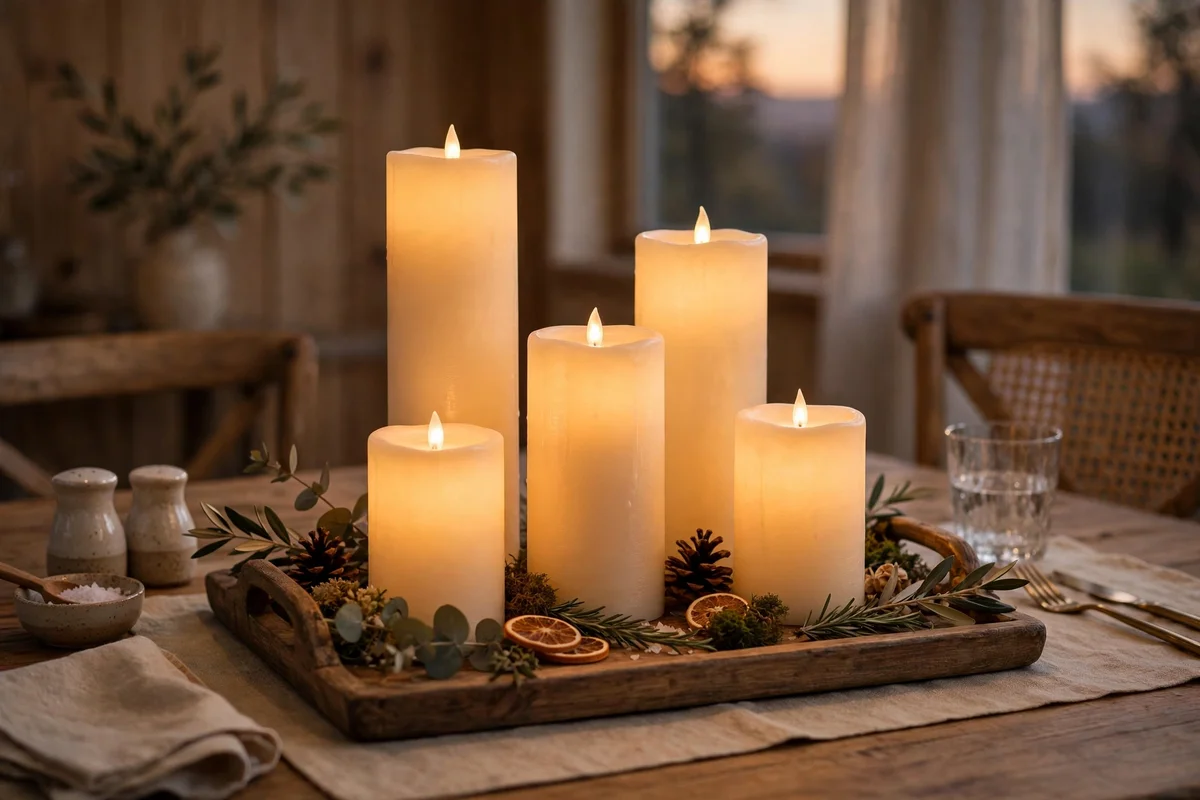 Flameless LED pillar candles glowing on a wooden tray at the table centre