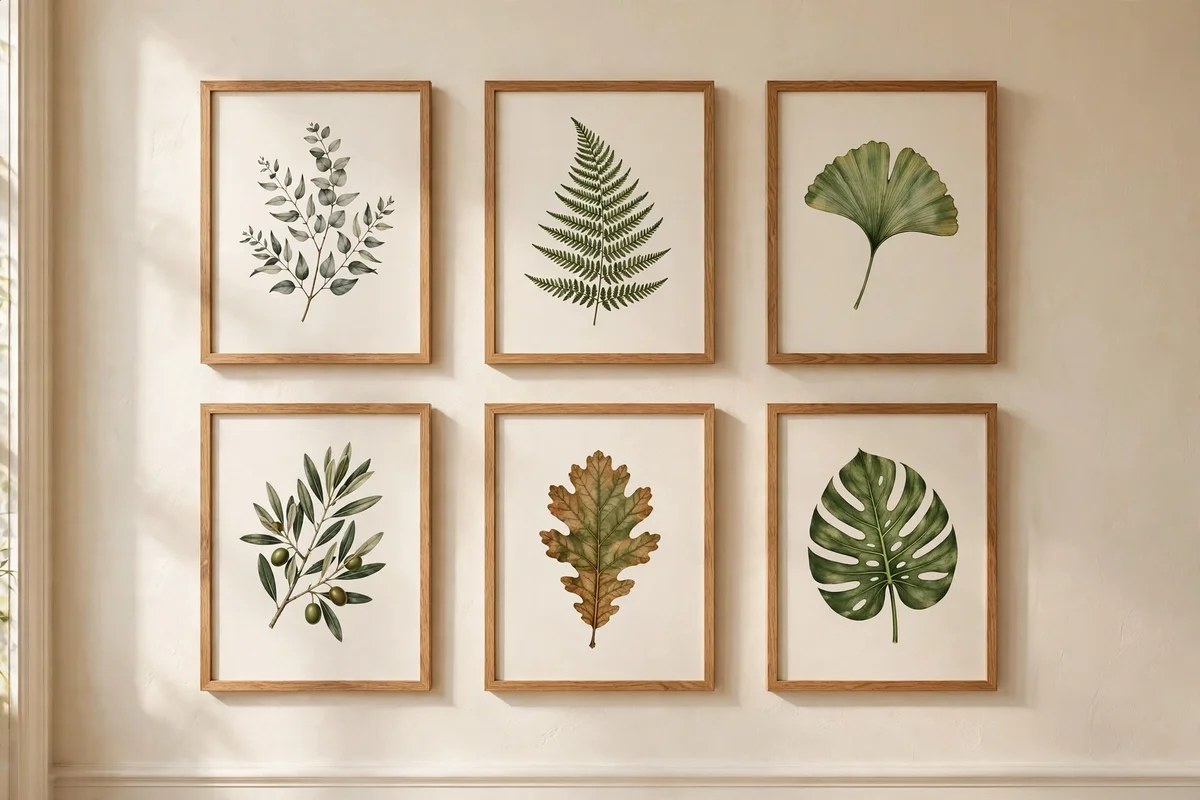 Six botanical prints in matching oak frames in a three by two grid