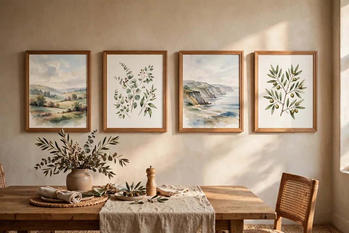 Mixed landscape and botanical prints in matching frames in one row