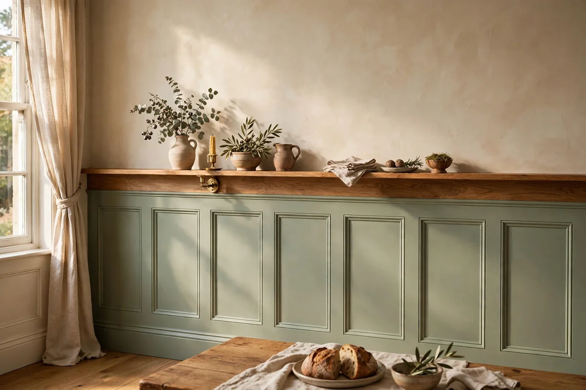 Half height painted panelling with a wooden plate rail on a dining room wall